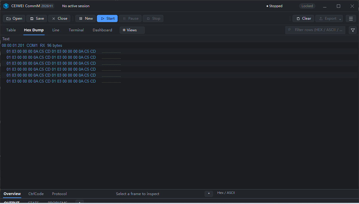 CommMonitor Hex Dump view showing one frame per offset / hex / text line