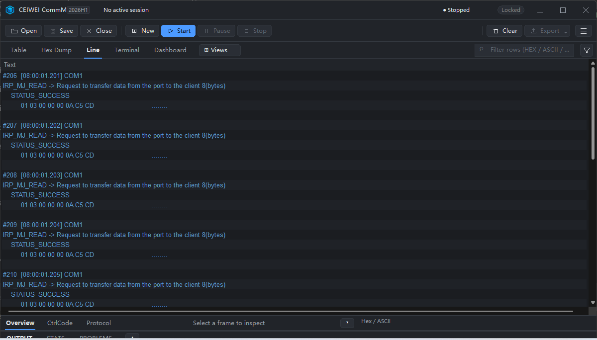 CommMonitor Line view showing IRP, status and data blocks